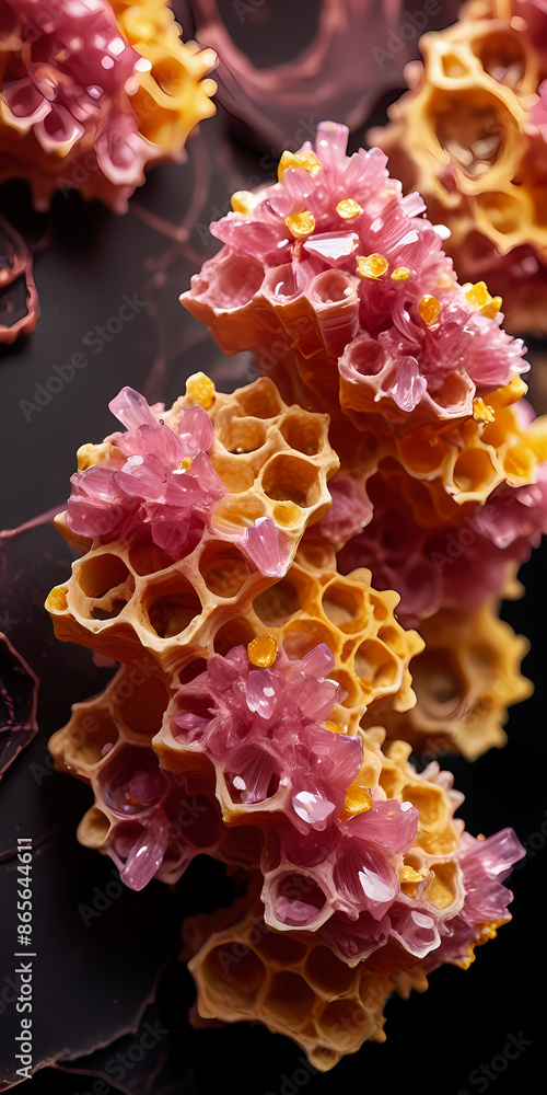 Closeup of a honeycomb structure with pink and yellow crystas, coral reef in the night, illustration wallpaper Closeup of a honeycomb structure with pink and yellow crystas, coral reef in the night, illustration wallpaper