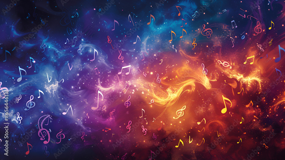 dynamic background filled with musical notes in various colors, such as blue, purple, and orange. The notes are dispersed throughout, with some floating above others, creating an impression of a music dynamic background filled with musical notes in various colors, such as blue, purple, and orange. The notes are dispersed throughout, with some floating above others, creating an impression of a music