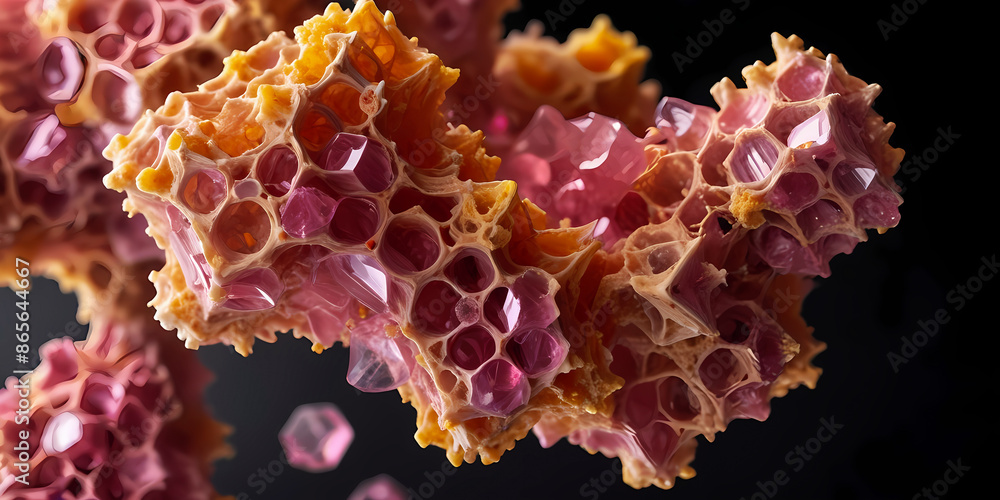 Closeup of a honeycomb structure with pink and yellow crystas, coral reef in the night, illustration wallpaper Closeup of a honeycomb structure with pink and yellow crystas, coral reef in the night, illustration wallpaper