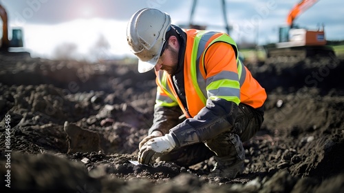 A geotechnical engineer kneels on a construction site, examining soil samples with focused precision. Wearing a reflective safety vest and a helmet, he meticulously analyzes the ground