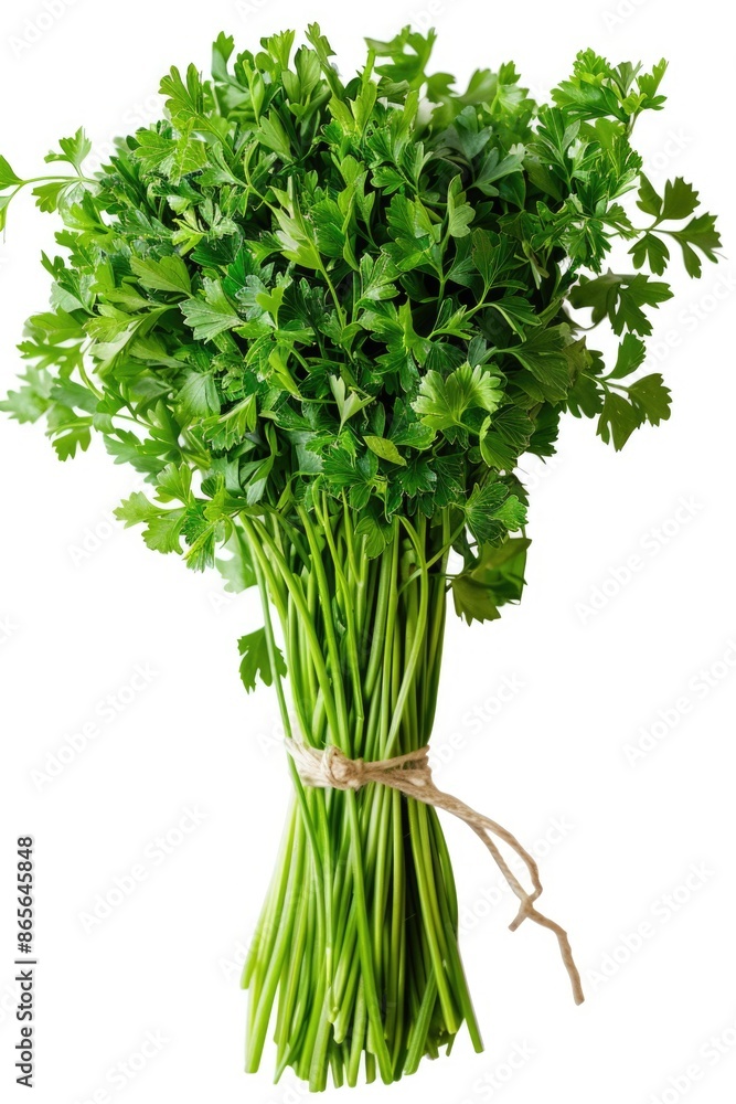 A fresh parsley bunch is tied to a string, perfect for garnishing or cooking A fresh parsley bunch is tied to a string, perfect for garnishing or cooking