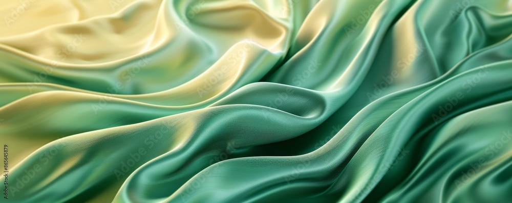 Close-up of green and yellow silk fabric with soft, flowing texture and gradient colors Close-up of green and yellow silk fabric with soft, flowing texture and gradient colors