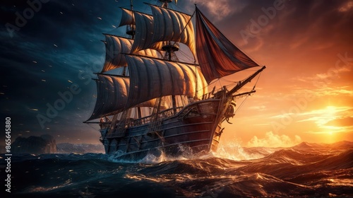 Old sailboat in the sea. AI generated.