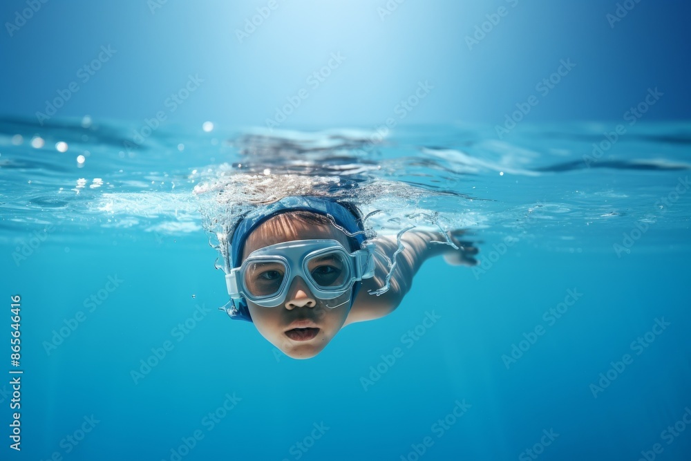 Naklejka premium Child swimming underwater with goggles, kids swimming concept