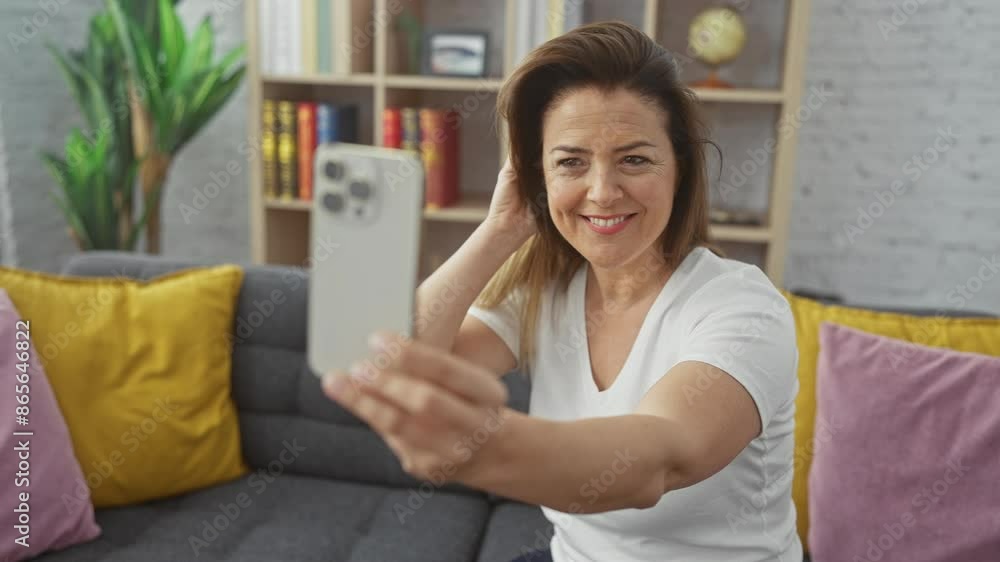Hispanic woman smiling while taking selfie with phone in cozy living room Hispanic woman smiling while taking selfie with phone in cozy living room
