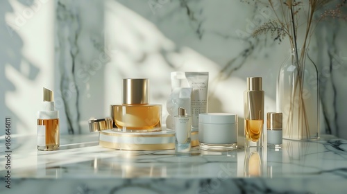A set of luxury skincare products on a marble table. The products are made of glass and gold, and they are all arranged in a neat and orderly fashion. photo
