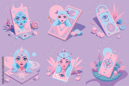 Vector set of fortune teller with magical tarot cards