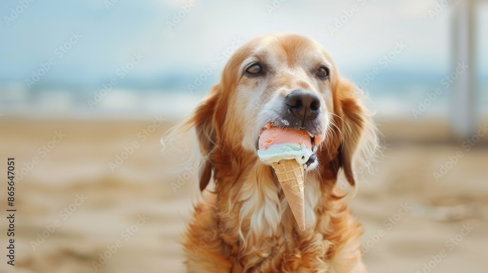 Dog enjoying ice cream on beach, summer fun concept Dog enjoying ice cream on beach, summer fun concept
