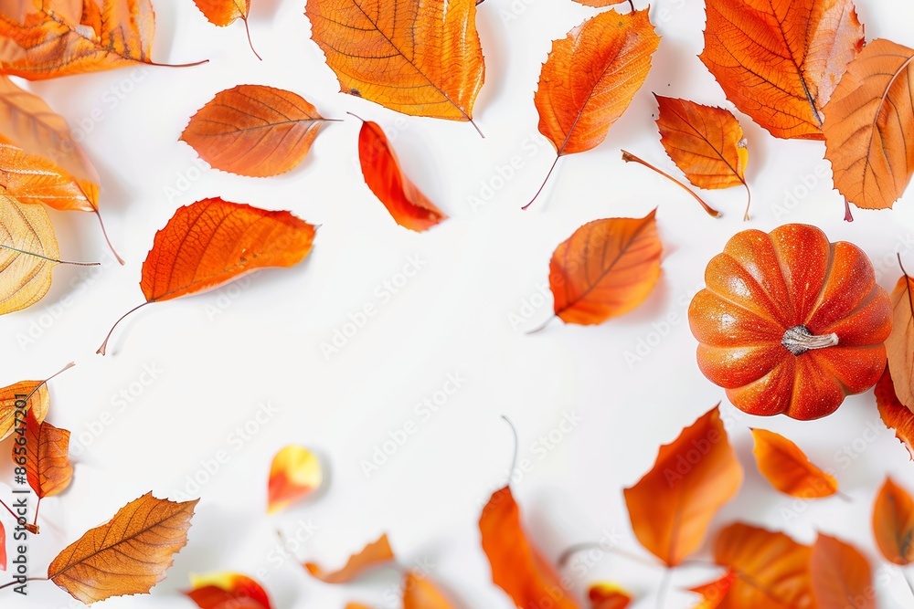 Pumpkin and fall leaves on a white background Pumpkin and fall leaves on a white background