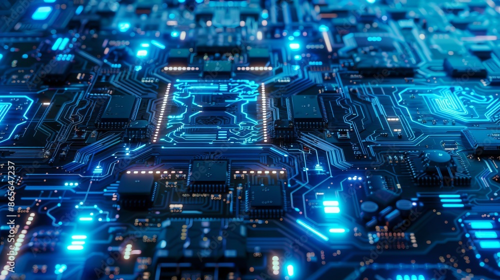 Fototapeta premium Circuit board with blue lights glows, creating a complex and futuristic pattern. Ideal for tech themes or digital presentations.