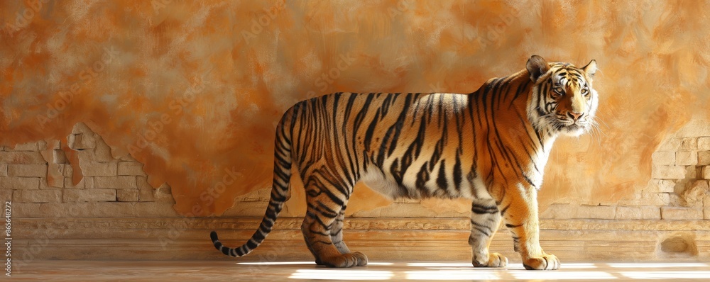 Fototapeta premium A tiger stands imposingly in a sunlit room with warm hues, radiating a sense of dominance and presence