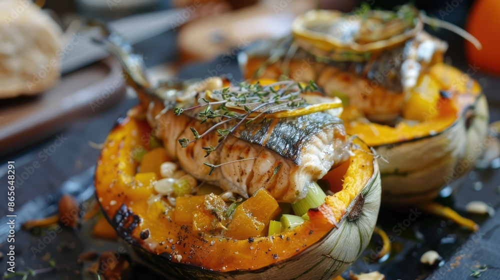 Stuffed pumpkin fish in leek wrapped mackerel Stuffed pumpkin fish in leek wrapped mackerel