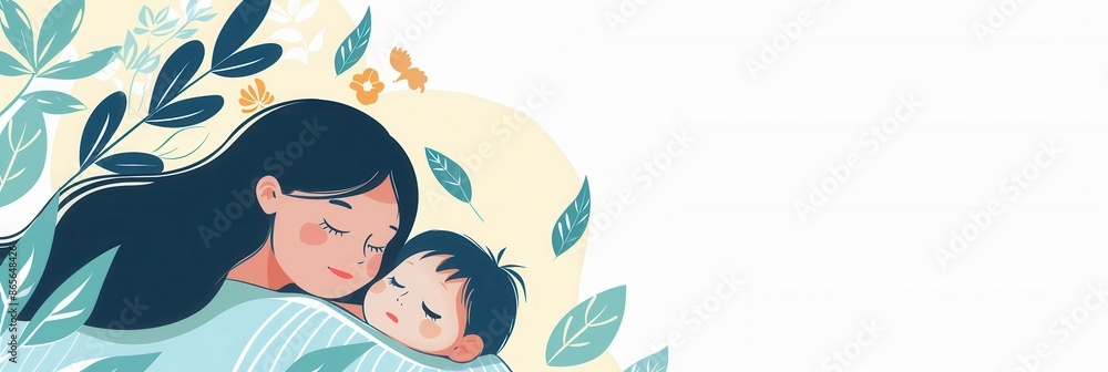 A mother gently cradles her sleeping child, surrounded by soft foliage and a calming atmosphere. This image embodies peaceful sleep and the bond between a mother and child. Generative AI A mother gently cradles her sleeping child, surrounded by soft foliage and a calming atmosphere. This image embodies peaceful sleep and the bond between a mother and child. Generative AI