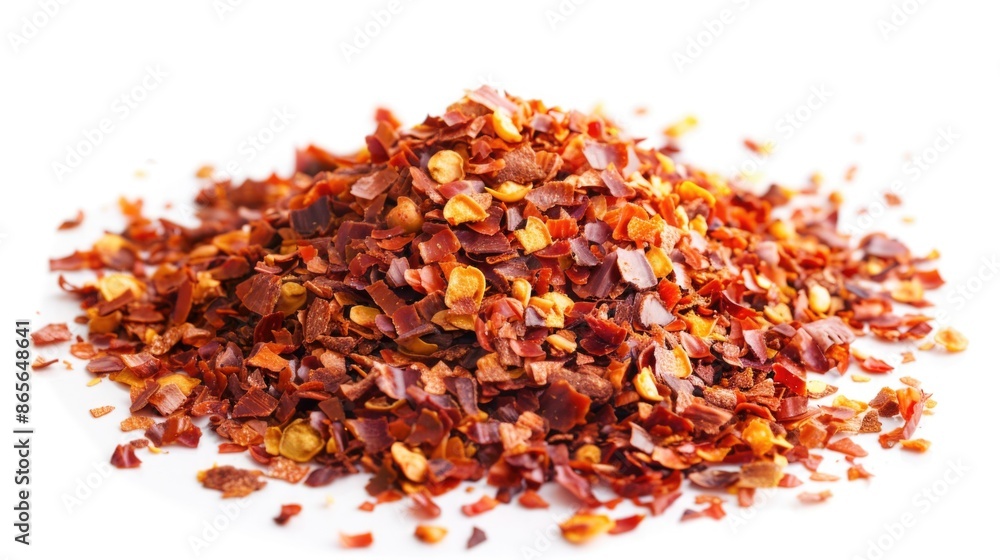 A close-up shot of dried chili flakes spread out on a white surface, great for use in recipes or as a decorative accent A close-up shot of dried chili flakes spread out on a white surface, great for use in recipes or as a decorative accent