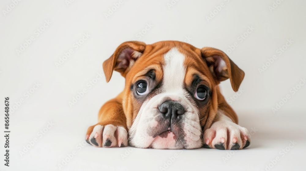 English Bulldog puppy laying on white background and gazing at camera English Bulldog puppy laying on white background and gazing at camera