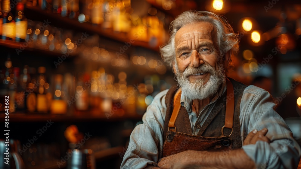 Experienced senior bartender behind the bar counter. Experienced senior bartender behind the bar counter.