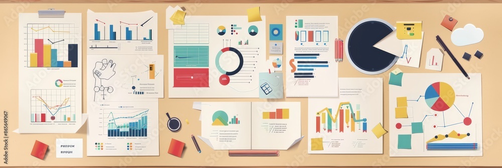 Wide view of various business charts, graphs, and sticky notes on a desk in an organized layout. Business strategy and data visualization concept. Perfect for modern office and financial presentations Wide view of various business charts, graphs, and sticky notes on a desk in an organized layout. Business strategy and data visualization concept. Perfect for modern office and financial presentations