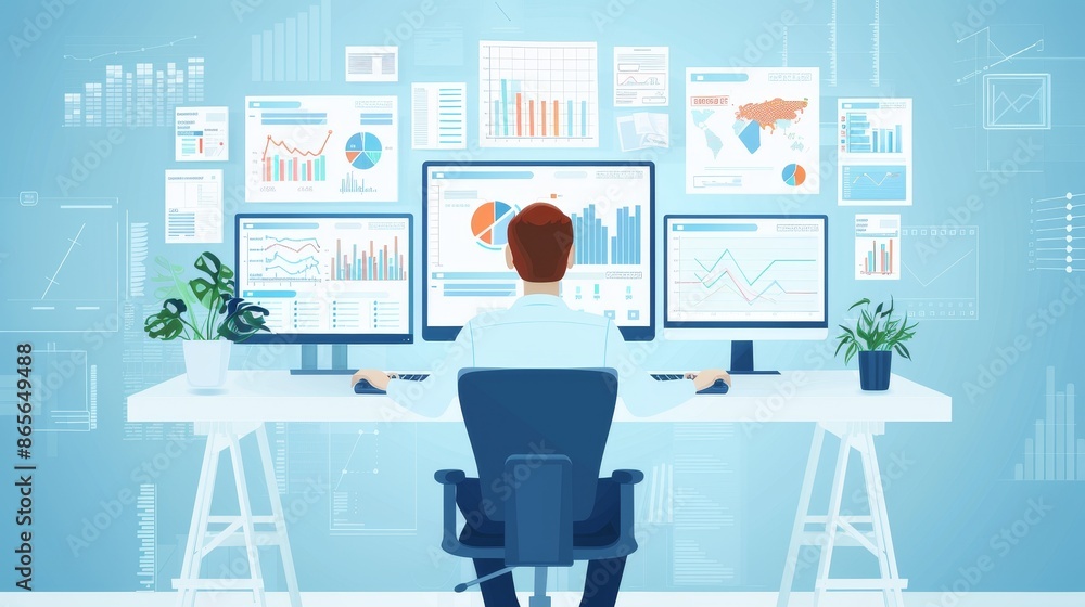 Business analyst working with multiple monitors analyzing data and financial charts in a modern office setting for decision making. Business analyst working with multiple monitors analyzing data and financial charts in a modern office setting for decision making.