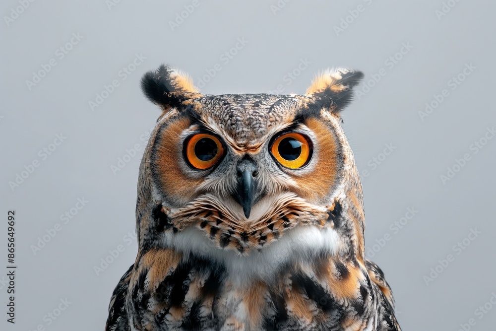 Fototapeta premium A highly detailed image of a majestic owl with vibrant and striking patterns on its feathers, showcasing its piercing eyes and powerful presence in a natural setting.