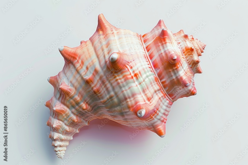 A single pink and white shell on a white surface A single pink and white shell on a white surface