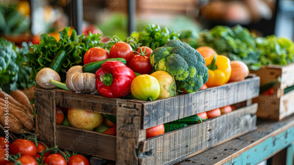 Wooden crate filled with fresh vegetables at a market. Wooden crate filled with fresh vegetables at a market.
