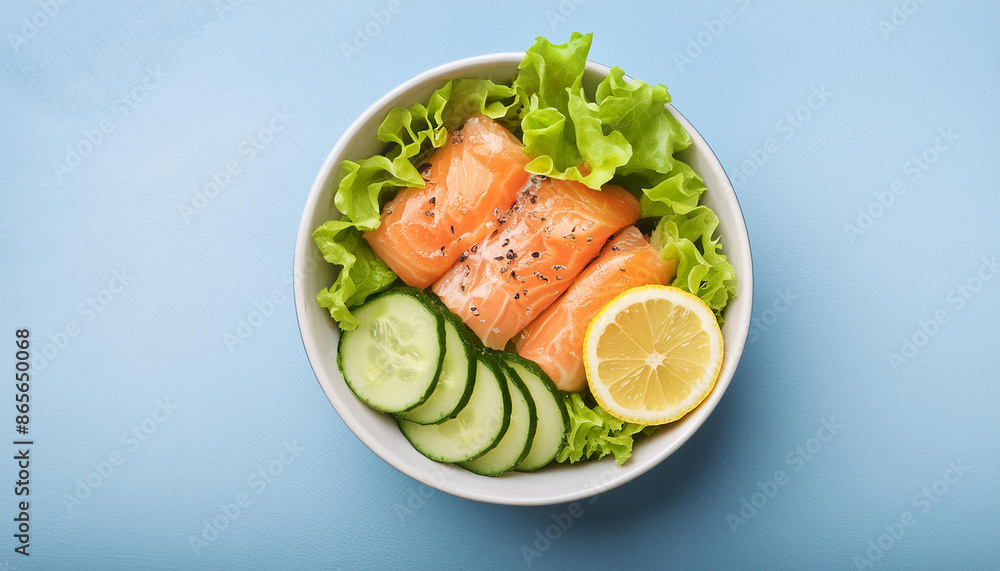 Bowl of salted salmon with fresh lettuce, cucumbers and lemon slices. Ketogenic-friendly lunch. Bowl of salted salmon with fresh lettuce, cucumbers and lemon slices. Ketogenic-friendly lunch.