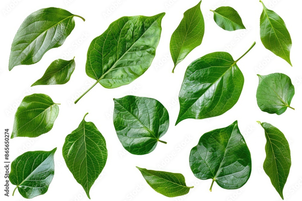 Fresh green leaves arranged on a pure white background Fresh green leaves arranged on a pure white background