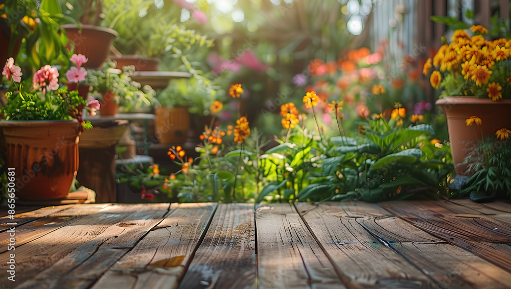 A wooden table top with a blurry background of potted plants and flowers in a sunny garden.
A wooden table top with a blurry background of potted plants and flowers in a sunny garden.