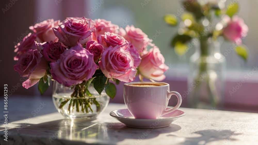Pink Roses and Coffee Cup Pink Roses and Coffee Cup