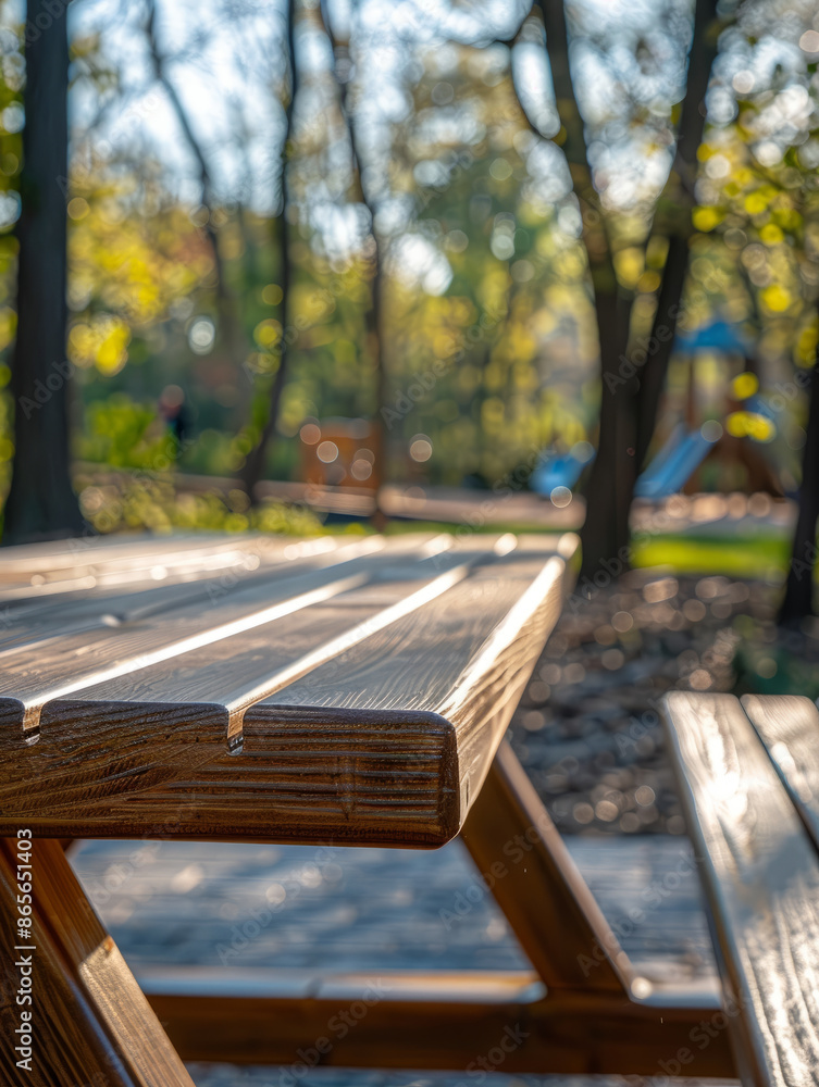 Naklejka premium Wooden park bench in a sunny autumn forest.