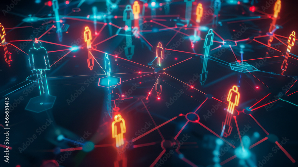 Futuristic digital network with glowing human icons representing interconnected people, technology, and communication. Futuristic digital network with glowing human icons representing interconnected people, technology, and communication.