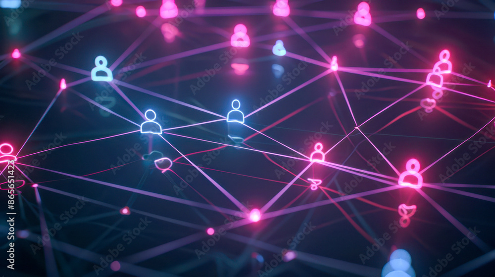 Digital network of people and connections symbolized with neon icons and lines, representing social media, communication, and technology. Digital network of people and connections symbolized with neon icons and lines, representing social media, communication, and technology.
