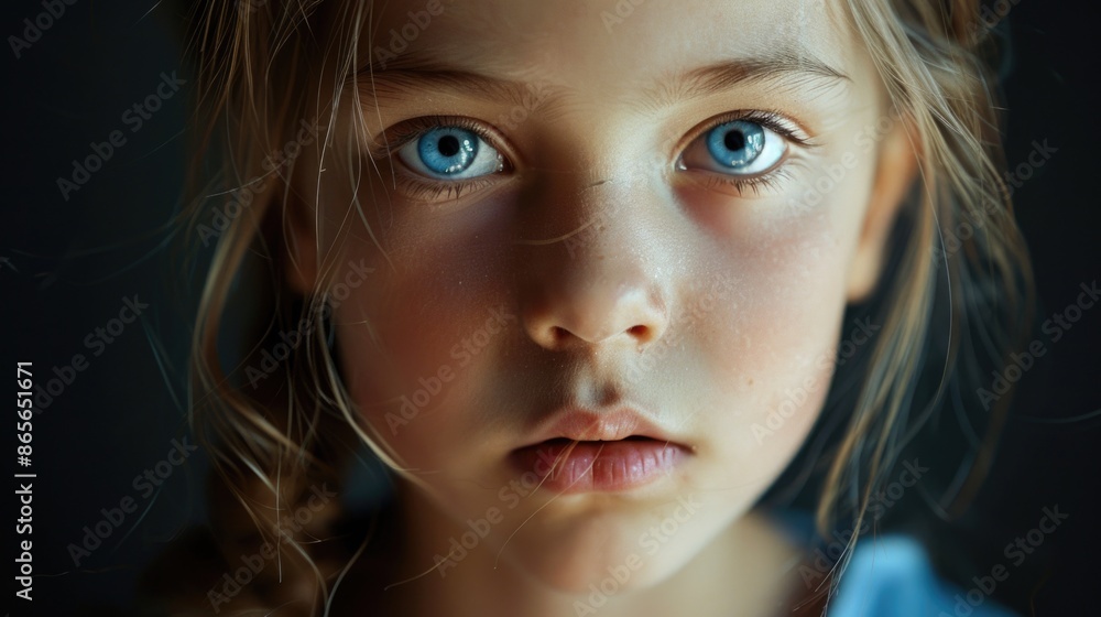A close-up photo of a young girl looking directly at the camera, her bright blue eyes being the main focus A close-up photo of a young girl looking directly at the camera, her bright blue eyes being the main focus