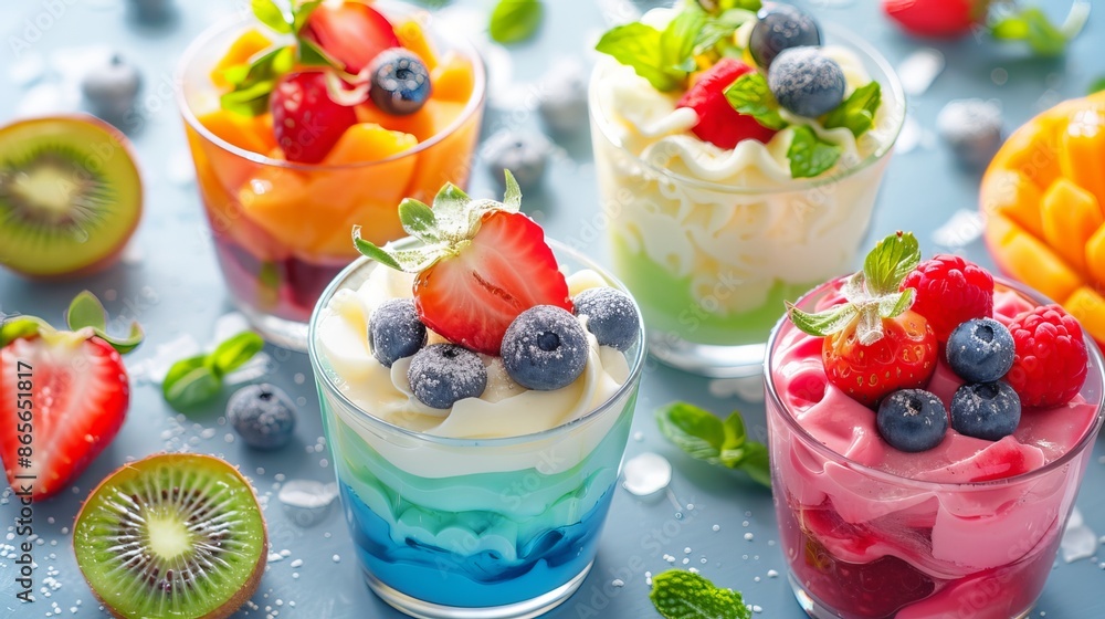 Colorful yogurt with fresh fruit arranged on a table. It's a delicious and healthy breakfast option, perfect for a summer morning. Colorful yogurt with fresh fruit arranged on a table. It's a delicious and healthy breakfast option, perfect for a summer morning.