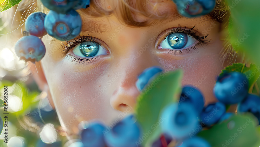 The little girls nose, face, hair, smile, eyes, and ears light up as she stands in front of a blueberry bush. Her happy expression is reflected in her shining eyes and curled eyelashes The little girls nose, face, hair, smile, eyes, and ears light up as she stands in front of a blueberry bush. Her happy expression is reflected in her shining eyes and curled eyelashes