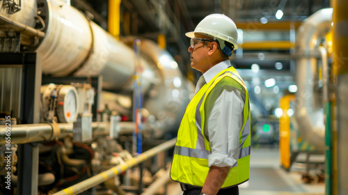 Engineer wearing a safety vest and helmet inspecting industrial piping system in a factory setting, focused on operation and maintenance. © stockpro