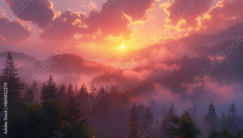 Invigorating morning sunrise over a misty mountain range and forest 