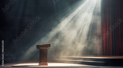 A solitary podium is illuminated by dramatic stage lighting, casting shadows and highlighting the anticipation of an upcoming speech or presentation. photo