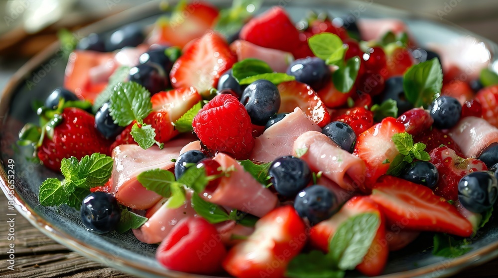 Ham and berry salad is delicious. It's a summer salad that looks great on a plate. Ham and berry salad is delicious. It's a summer salad that looks great on a plate.