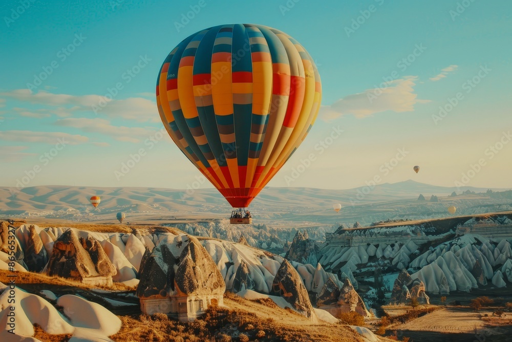 Obraz premium Colorful hot air balloon soaring in clear blue sky for thrilling and adventurous escape