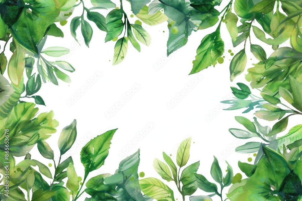 Watercolor painting of lush green leaves against a clean white background, ideal for use in designs related to nature, wellness, and calmness Watercolor painting of lush green leaves against a clean white background, ideal for use in designs related to nature, wellness, and calmness
