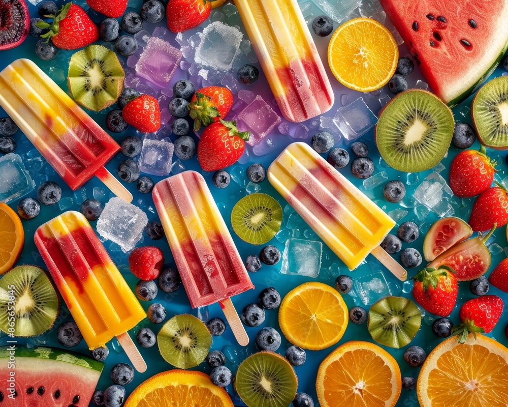 Vibrant fruit popsicles on ice with colorful swirls in canon eos r5 photorealistic shot Vibrant fruit popsicles on ice with colorful swirls in canon eos r5 photorealistic shot
