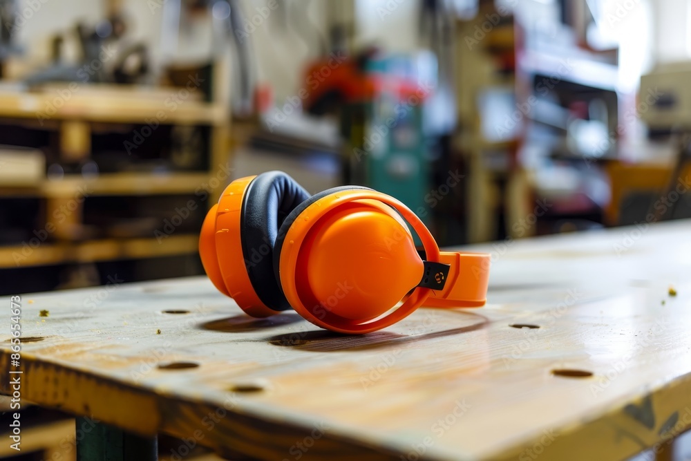 Orange earmuffs close up safety equipment on workshop table for construction context Orange earmuffs close up safety equipment on workshop table for construction context