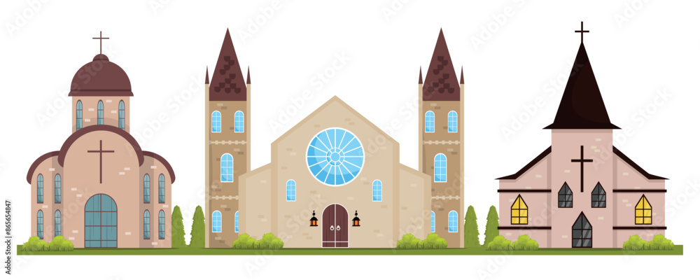 Vector illustration of ancient churches. Cartoon scene of vintage Catholic, Christian churches in Gothic style. Churches with domes, windows, crosses, street lamps, doors, green bushes, grass. Vector illustration of ancient churches. Cartoon scene of vintage Catholic, Christian churches in Gothic style. Churches with domes, windows, crosses, street lamps, doors, green bushes, grass.
