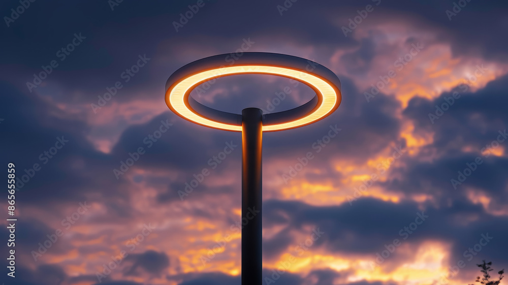 A glowing streetlight with a halo effect against a dramatic sunset. A glowing streetlight with a halo effect against a dramatic sunset.