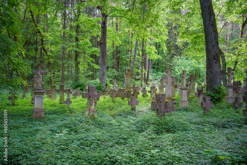 Stare Brusno, Subcarpathian, Poland - 11 May 2024: Greek Catholic and Evangelical cemetery famous for its tombstones made by local stonemasons  photo