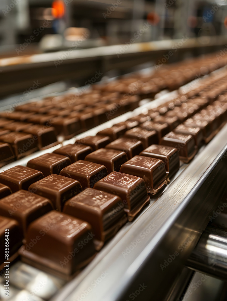 Rows of chocolate bars on a conveyor belt in a factory. Rows of chocolate bars on a conveyor belt in a factory.
