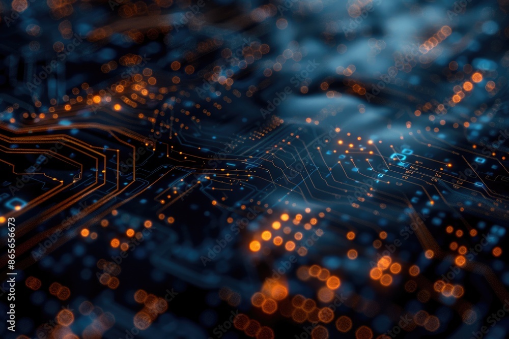 A close-up view of a circuit board with blurry lights in the background A close-up view of a circuit board with blurry lights in the background