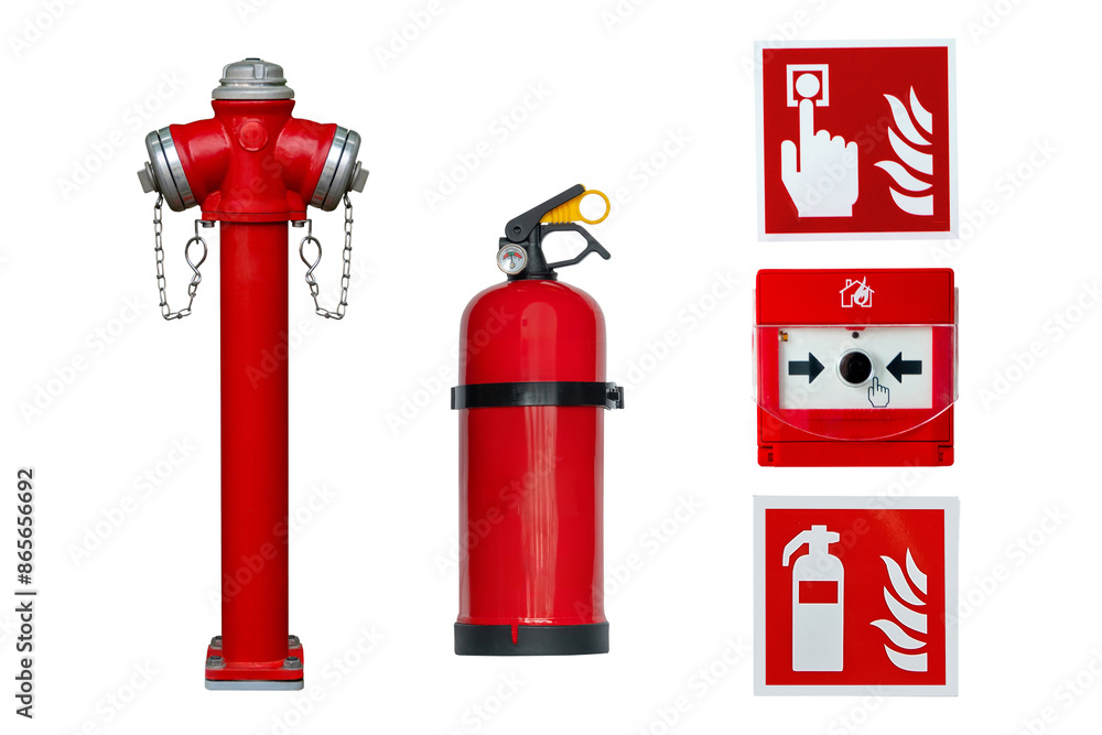 fire hydrant, fire extinguisher, fire alarm button and safety sign isolated on white background fire hydrant, fire extinguisher, fire alarm button and safety sign isolated on white background