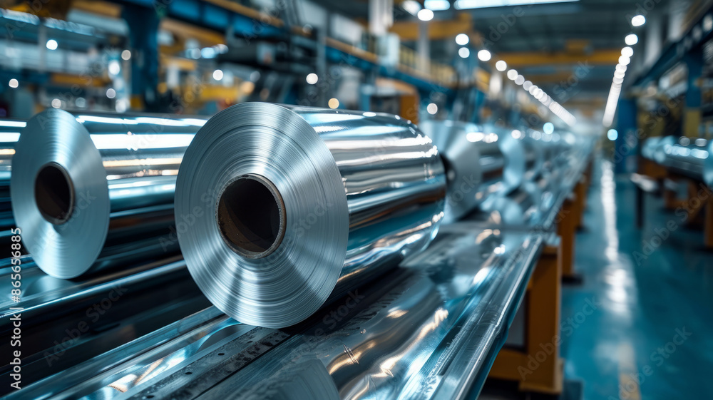 Large aluminum foil rolls in a manufacturing factory. Large aluminum foil rolls in a manufacturing factory.